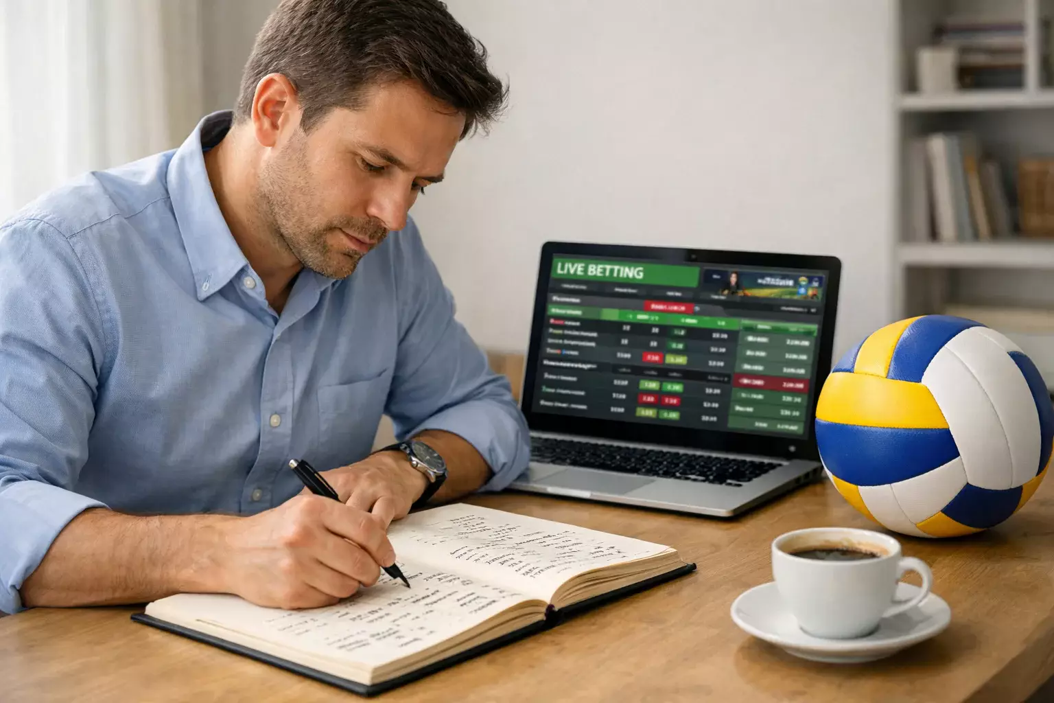 Analyste étudiant des statistiques de volleyball avec bloc-notes