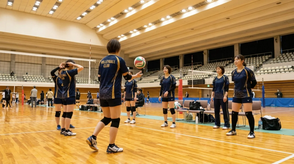 Joueurs de volley-ball en échauffement sur un terrain intérieur avant le début du match