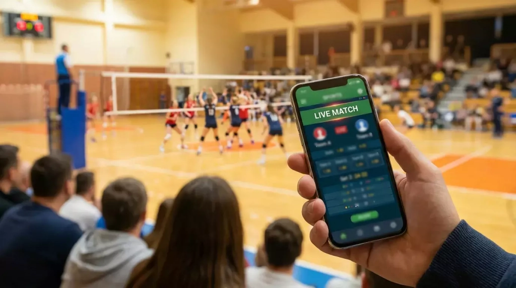 Main tenant un smartphone avec une application de paris sportifs dans un gymnase de volley-ball