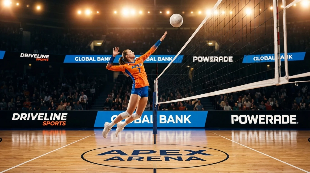 Joueur de volley-ball smashant le ballon au-dessus du filet dans une salle de sport éclairée avec des bannières promotionnelles