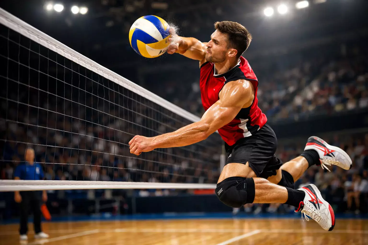 Match de volleyball professionnel en salle avec joueur au smash