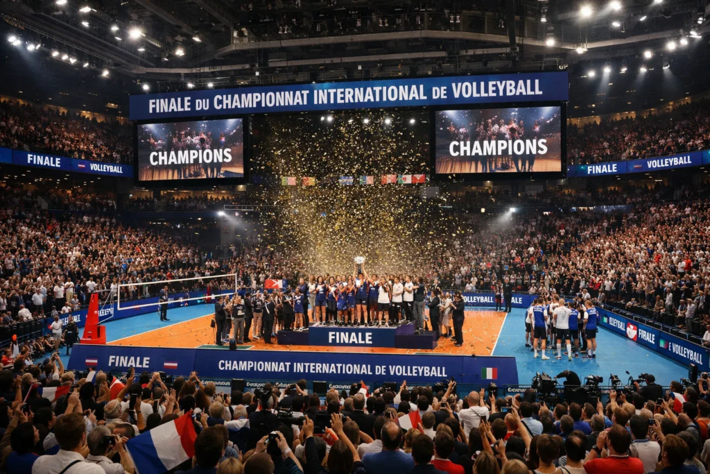 Finale internationale de volley-ball dans une grande arène avec public
