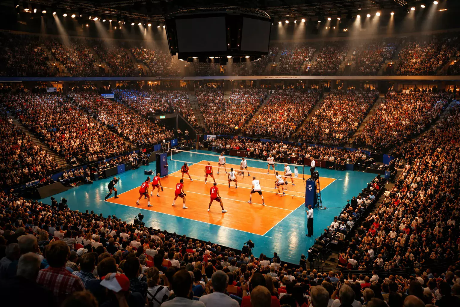 Stade de volleyball rempli de spectateurs lors d'une compétition internationale