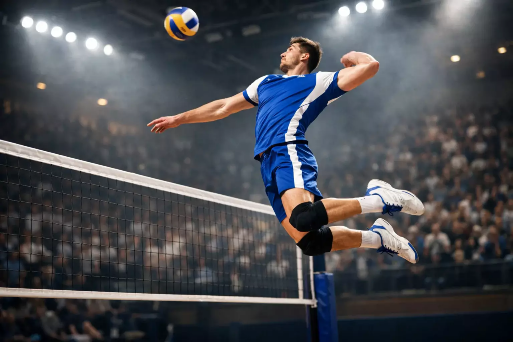 Match de volley-ball professionnel en salle avec joueurs en action
