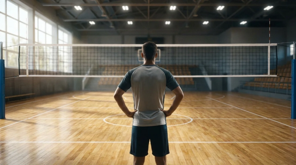 Joueur de volley-ball au filet observant le terrain dans un gymnase professionnel