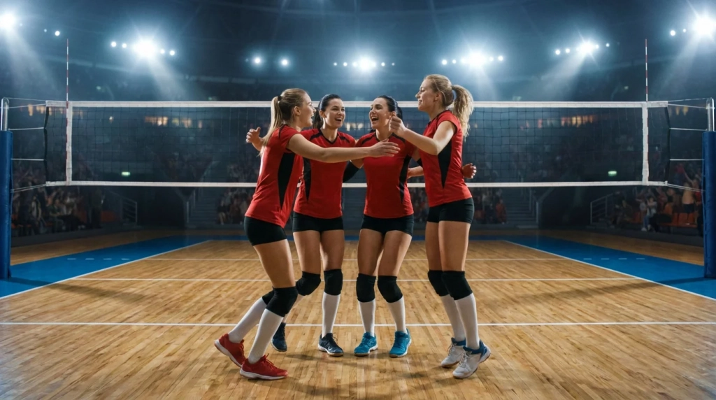 Équipe de volley-ball féminin célébrant un point marqué sur un terrain de compétition