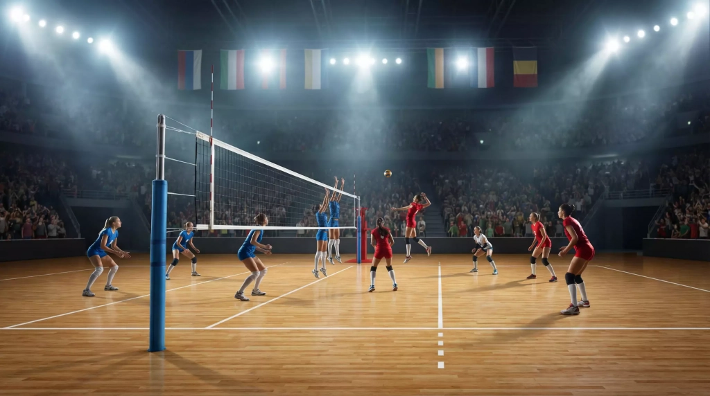 Match de volley-ball international dans une grande salle avec drapeaux de nations