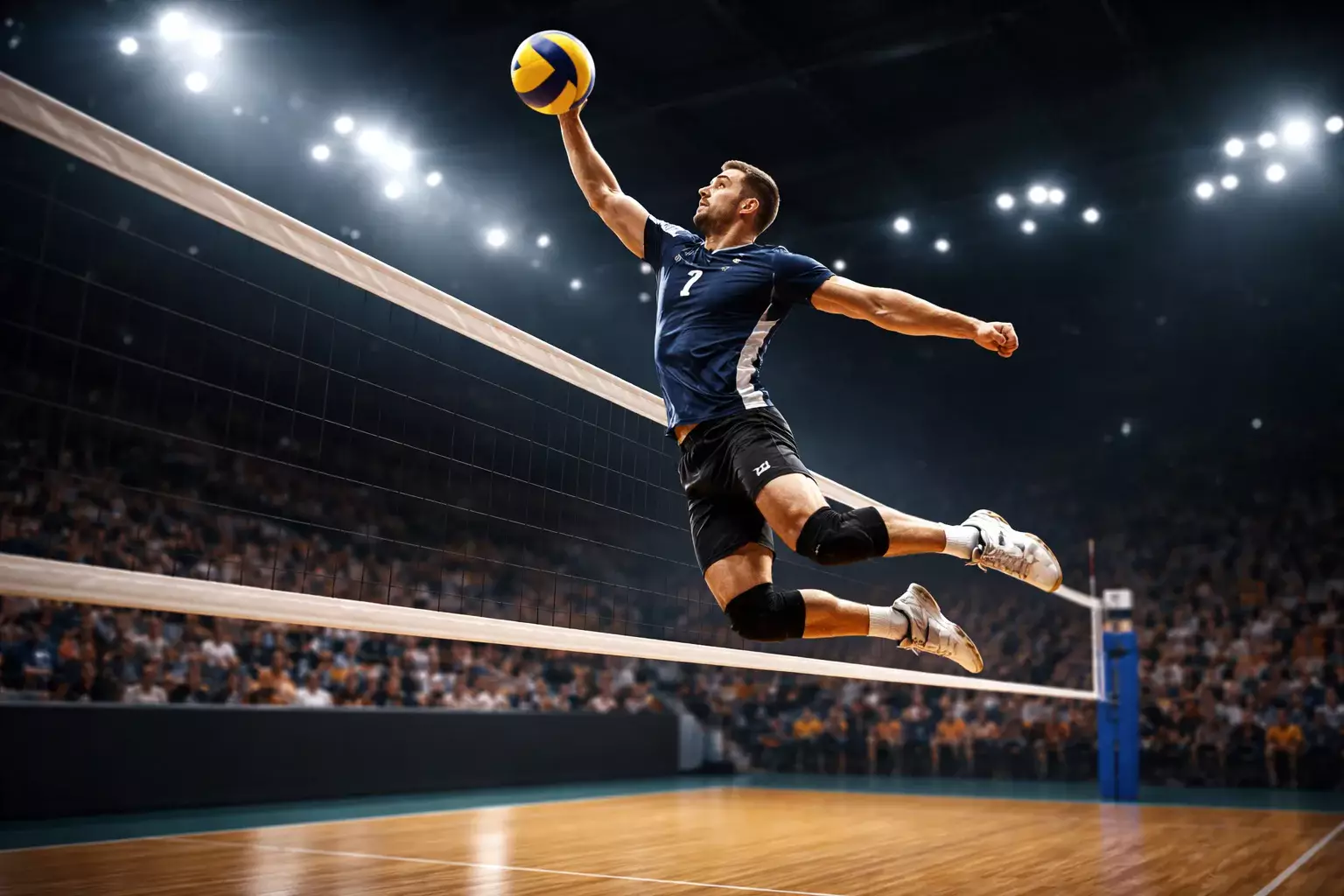 Match de volleyball professionnel avec joueur en plein smash au filet