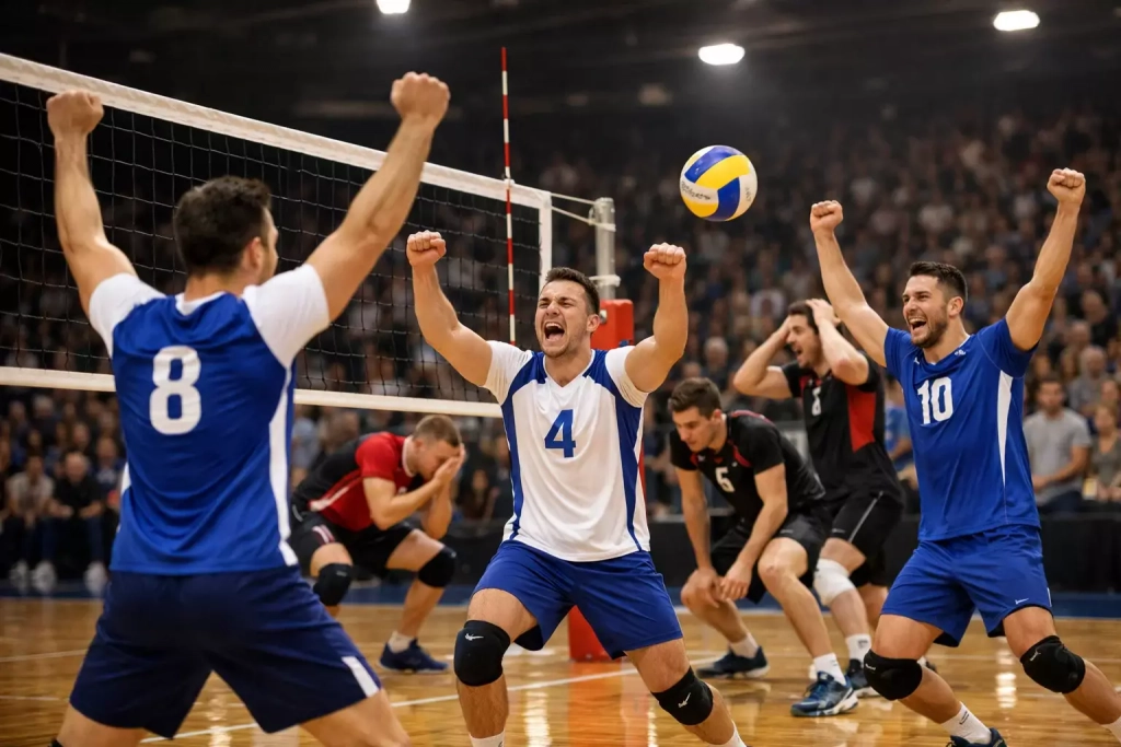 Joueurs de volley-ball célébrant un point décisif lors d