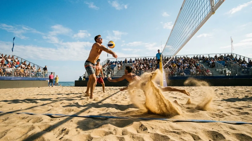 Deux joueurs de beach volley en action sur le sable lors d