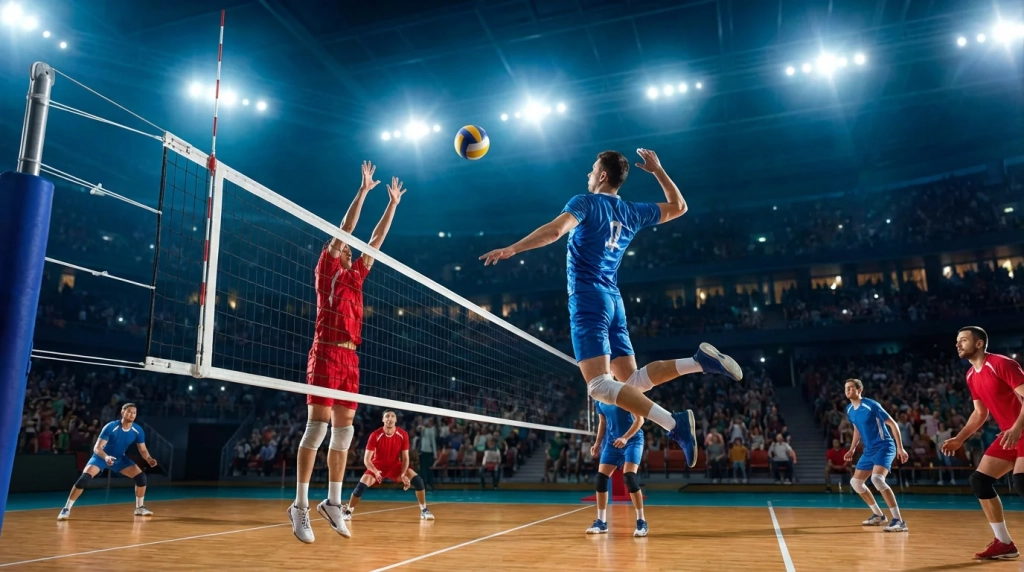 Match de volley-ball professionnel avec joueurs au filet lors d
