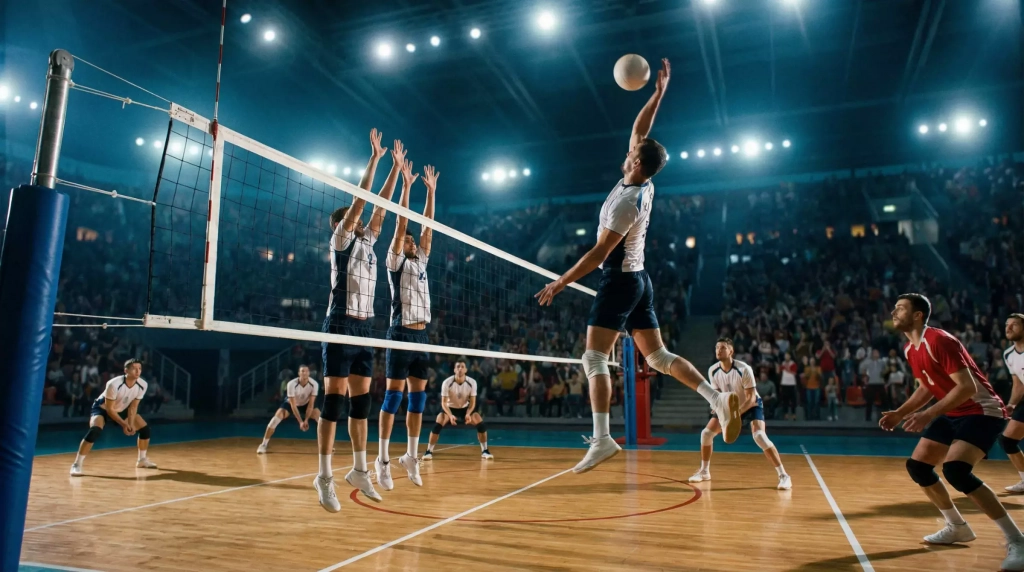 Attaquant de volley-ball frappant le ballon au-dessus du filet pendant un match disputé