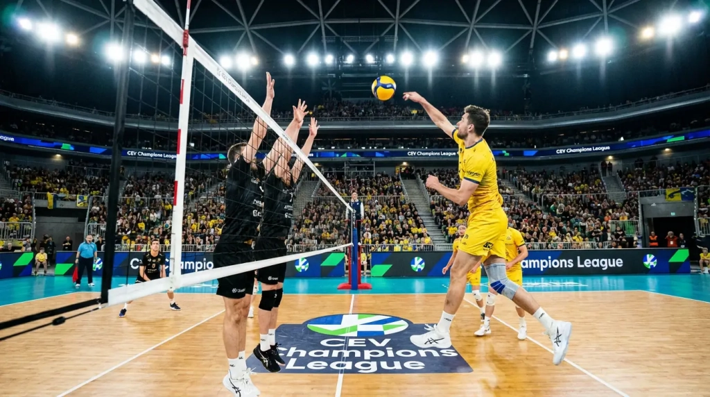 Match de volley-ball en Ligue des Champions CEV avec deux équipes au filet