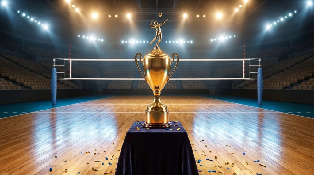 Trophée de compétition de volley-ball sur un terrain de jeu éclairé par les projecteurs