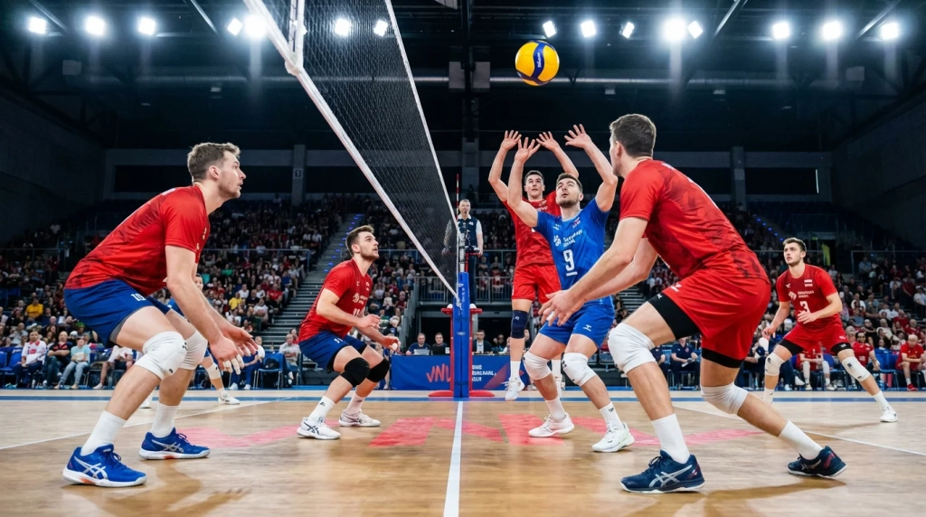 Rallye intense entre deux équipes de volley-ball avec le ballon au-dessus du filet