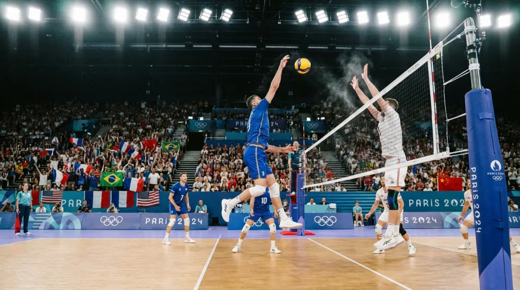 Match de volley-ball lors des Jeux Olympiques dans une grande salle avec le public