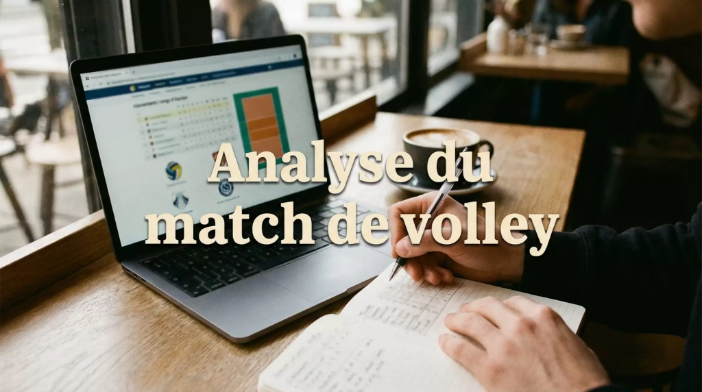 Personne analysant des statistiques de volley-ball sur un carnet avec un ordinateur portable ouvert en arrière-plan