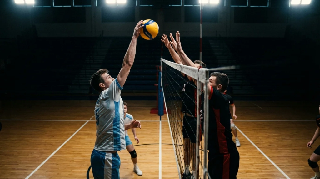 Match de volley-ball en salle avec des joueurs en action près du filet