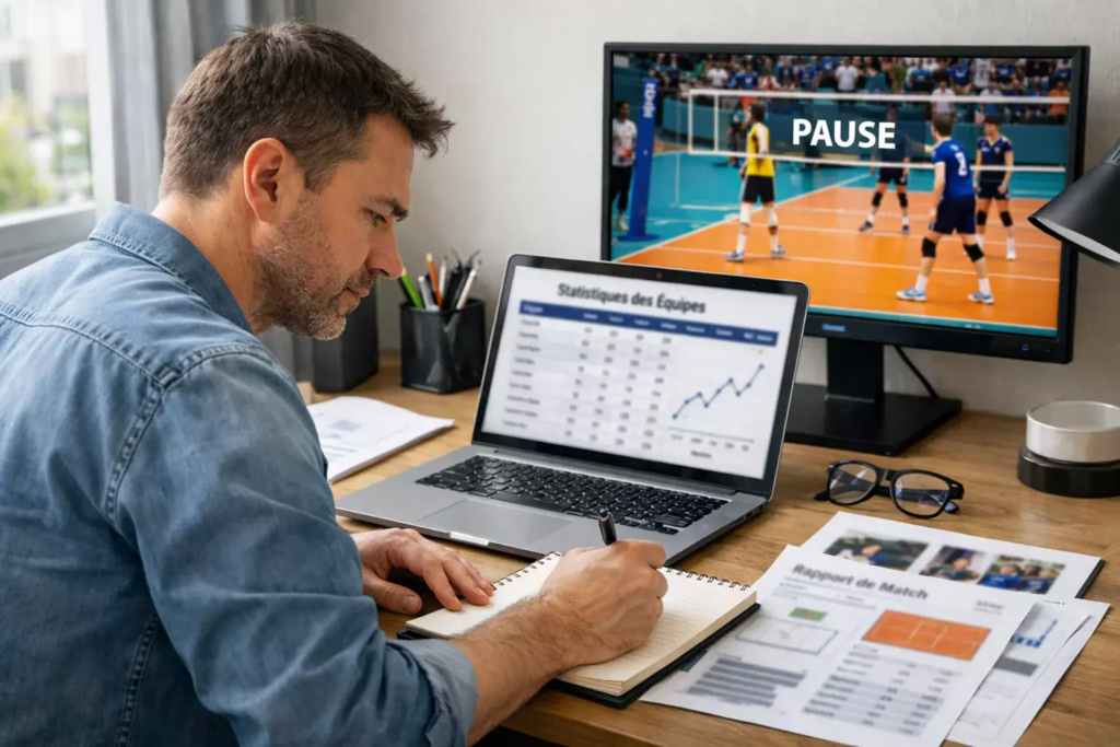Personne analysant des données de matchs de volley-ball sur ordinateur