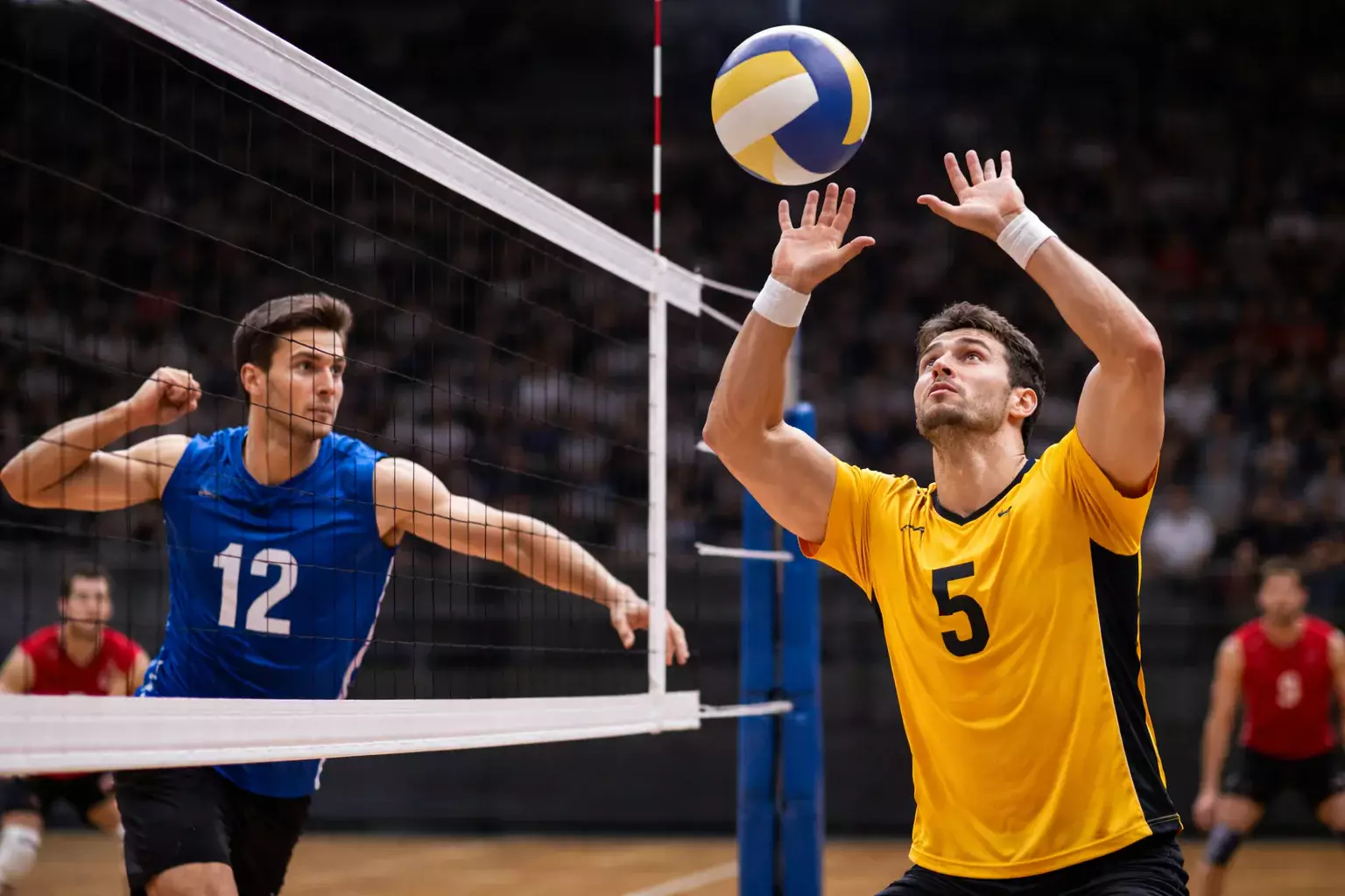 Joueurs de volleyball en action stratégique pendant un match intense