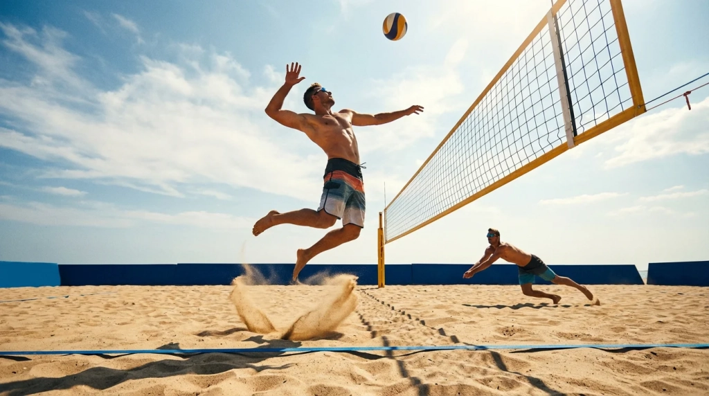 Joueurs de beach volley sur le sable face au filet sous un ciel ensoleillé
